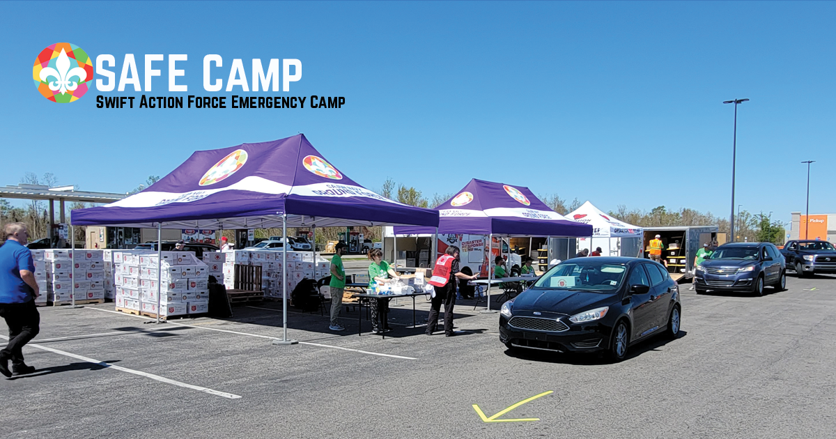 Swift Action Force Emergency Camp is a forward operating base embedded into the most impacted regions. SAFE Camp is a safe place for volunteers and nonprofits to gather, provide meals, supply distribution and provide human services.
